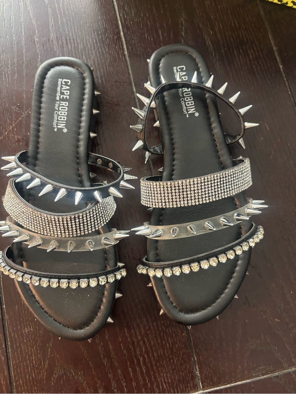 Cape Robbin Black Studded Slide Sandals with Rhinestone Straps and Spikes - Picture 3 of 6